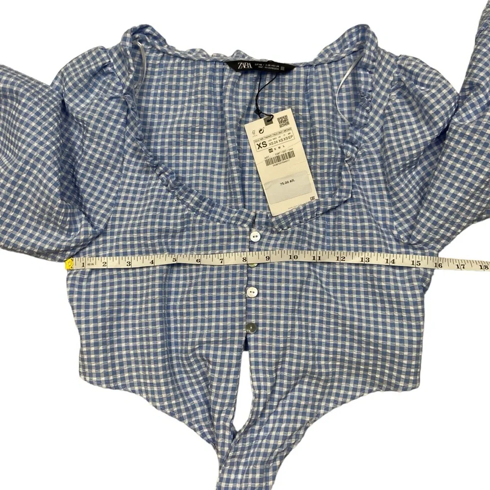 NWT ZARA Blue White Gingham Coquette Long Puff Sleeves Crop Top NWT XS